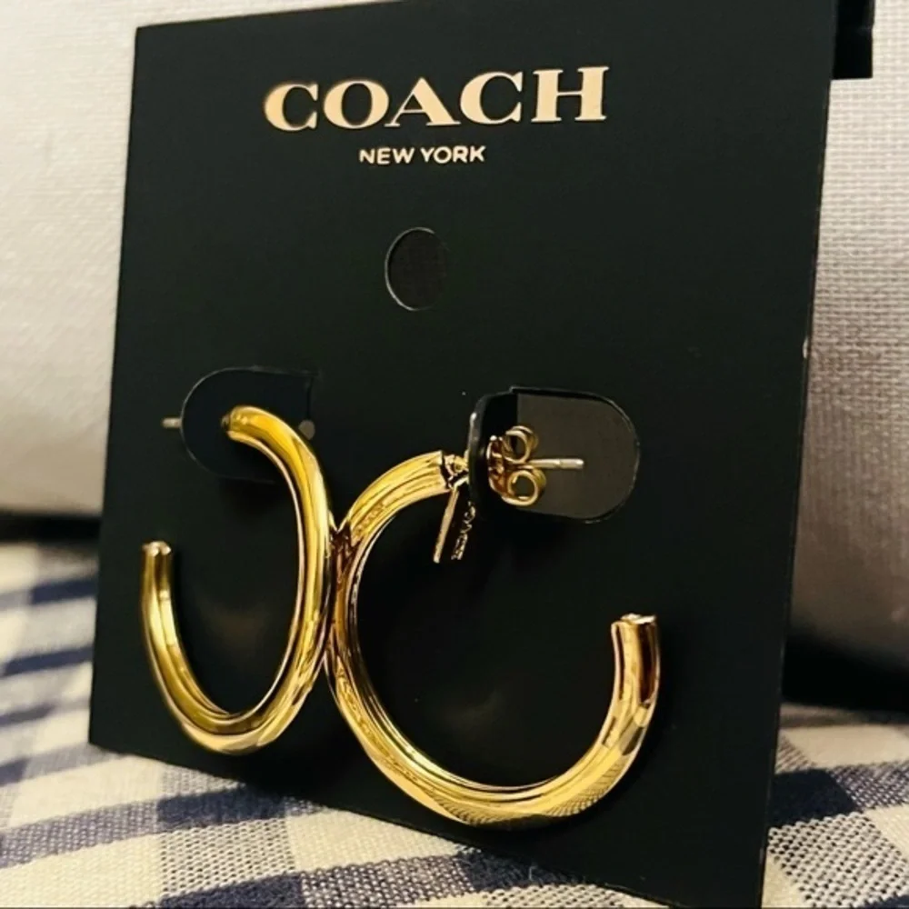 Coach Gold-Tone Hoop Earrings Classic Polished Logo Jewelry NWT - Picture 2 of 2